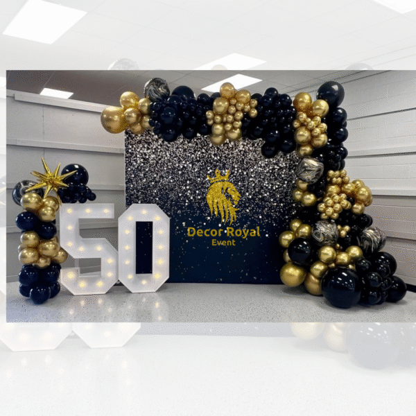 Birthday Balloon Decoration in Kolkata – Black & Gold Glitter Backdrop with Balloon