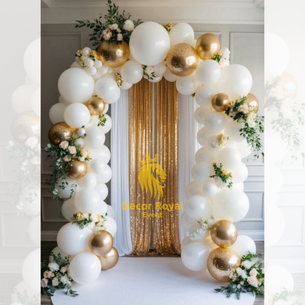 Birthday Balloon Decoration in Kolkata – Elegant White and Gold Floral Balloon Arch