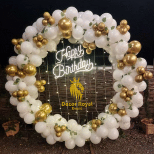 Birthday Balloon Decoration in Kolkata – White & Gold Ring with Neon Birthday Sign