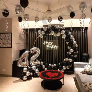 Birthday Balloon Decoration in Kolkata – 42nd Birthday Black & Silver Decor