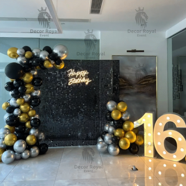 Birthday Balloon Decoration in Kolkata – Black & Gold 16th Birthday Decor