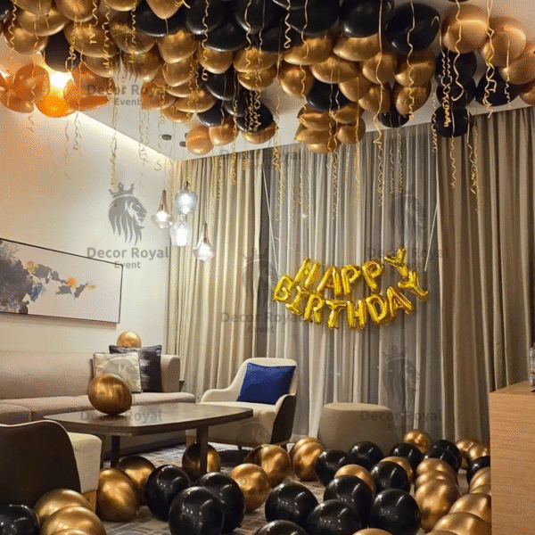 Birthday Balloon Decoration in Kolkata – Black & Gold Birthday Room Decor (2)