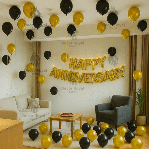 Anniversary Balloon Decoration in Kolkata – Black and Gold Anniversary Room Decor
