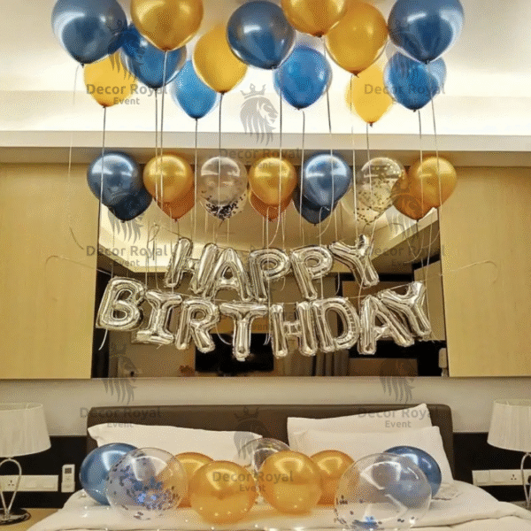 Birthday Balloon Decoration in Kolkata – Blue & Gold Birthday Room Decor