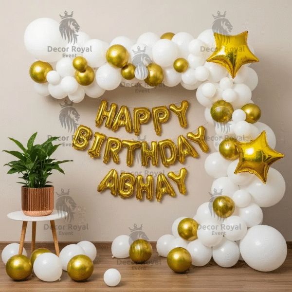 Birthday Balloon Decoration in Kolkata – Elegant White & Gold Birthday Balloons Decor