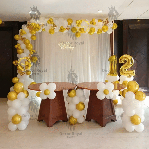 Birthday Balloon Decoration in Kolkata – Golden & White 12th Birthday Decor