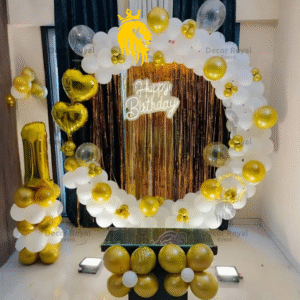 Birthday Balloon Decoration in Kolkata – Golden & White 1st Birthday Decor