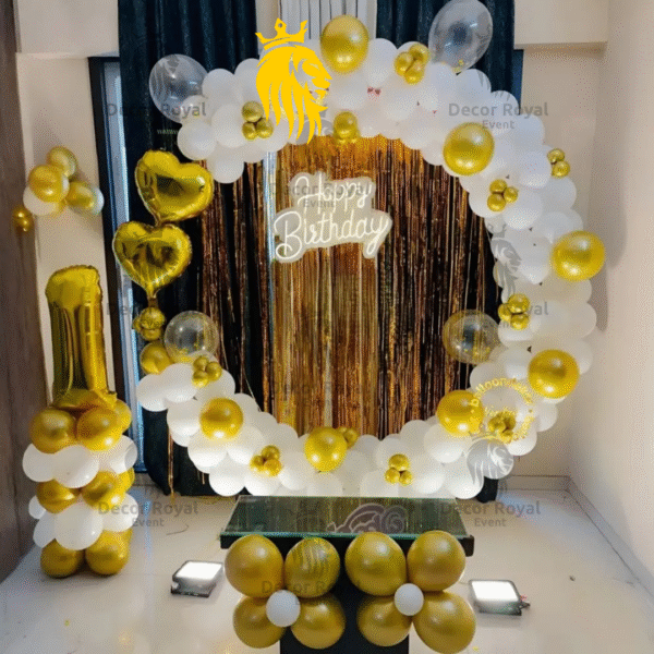 Birthday Balloon Decoration in Kolkata – Golden & White 1st Birthday Decor