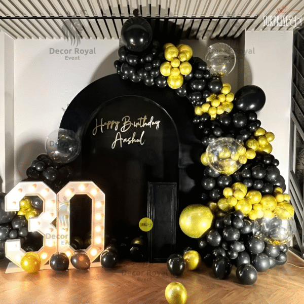 Birthday Balloon Decoration in Kolkata – Modern Black & Gold Backdrop