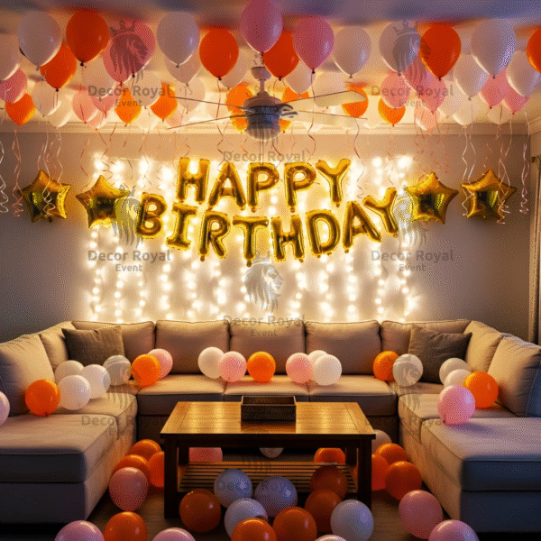 Birthday Balloon Decoration in Kolkata – Orange & Gold Birthday Decor