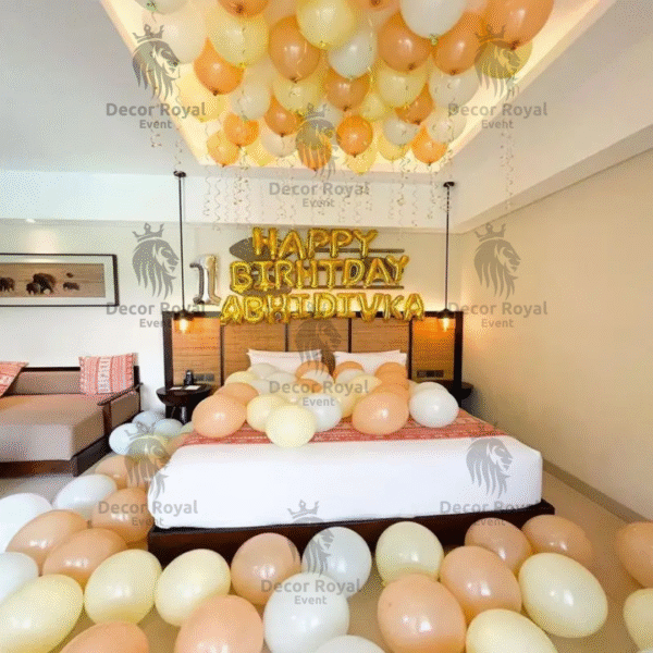 Birthday Balloon Decoration in Kolkata – Peach & White Birthday Room Decoration