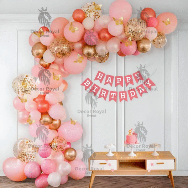 Birthday Balloon Decoration in Kolkata – Pink & Gold Butterfly Birthday Decor