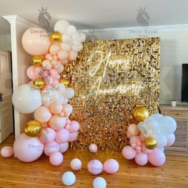 Anniversary Balloon Decoration in Kolkata – Pink and Gold Sequin Anniversary Decor