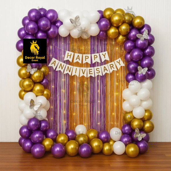 Anniversary Balloon Decoration in Kolkata – Purple & Gold Butterfly Anniversary Decor