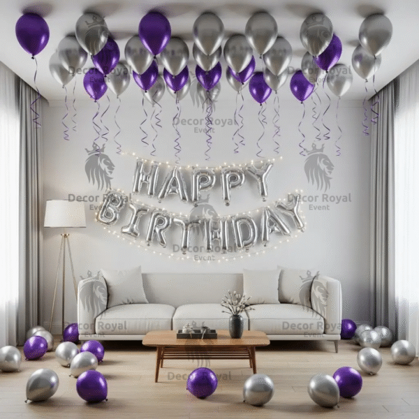 Birthday Balloon Decoration in Kolkata – Purple & Silver Birthday Balloons Decor