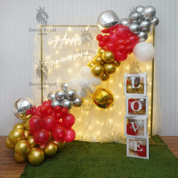 Anniversary Balloon Decoration in Kolkata – Red Gold Silver Anniversary Balloon Decor