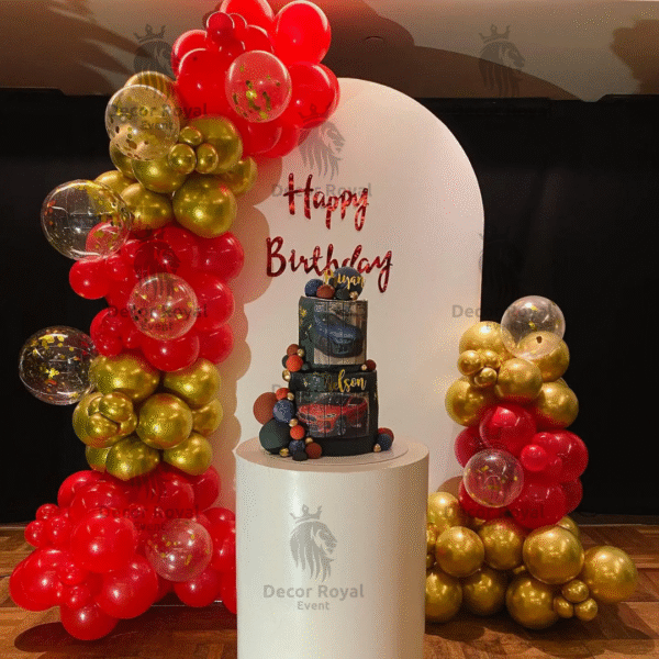 Birthday Balloon Decoration in Kolkata – Red & Golden Balloon Backdrop